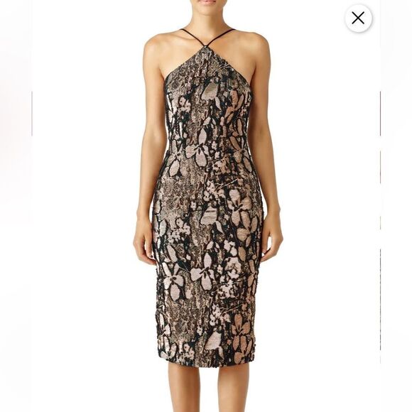 Theia Navy Rose Gold Floral Metallic Halter Sheath Cocktail Dress | 6 - Picture 1 of 13